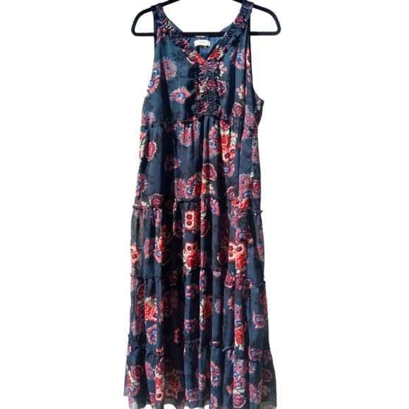 STYLE & CO Tiered Maxi Chiffon Ruffle Dress Women's Size 1X Sleeveless Navy Blue - Picture 1 of 10